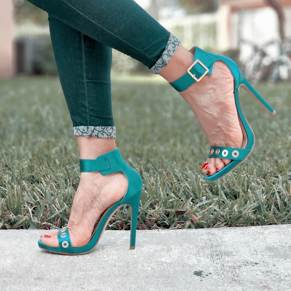 Women's Strappy Ankle High Heel Sandals Teal Color - Picture 2 of 7